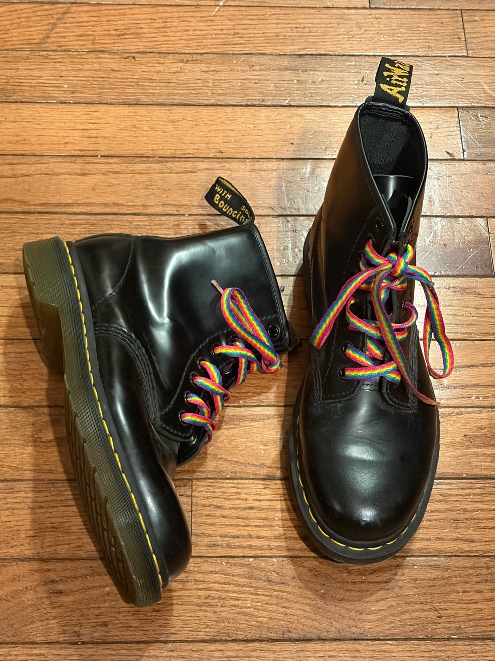Doc Dr Martens Black Leather Lace-Up Combat Boots Multicolored Laces Size 8W 6M